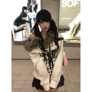 美式复古亚文化毛领斜肩卫衣女冬季y2k宽松加绒外套视觉系上衣潮