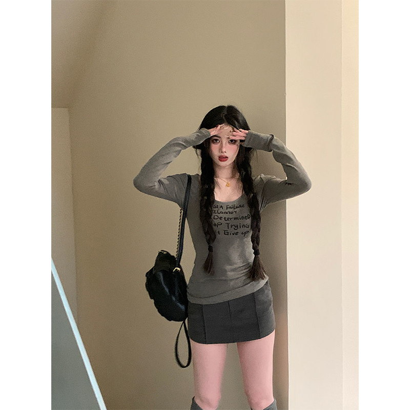 美式灰色u领正肩长袖t恤女秋冬