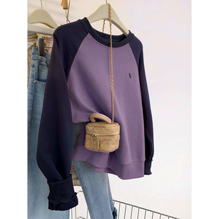 上衣 加绒加厚小个子长袖 紫色欧货拼接撞色卫衣女2025秋冬新款 韩版