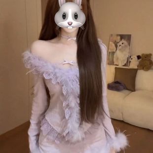 纯欲风甜美套装女2025秋冬新款设计感紫色毛毛长袖上衣包臀半身裙