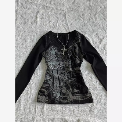 亚比文化设计感黑色印花T恤女