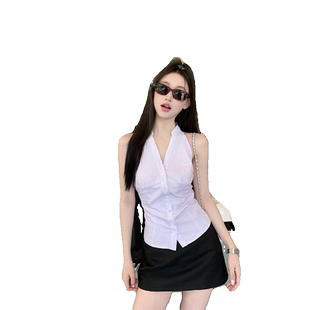 纯欲无袖挂脖衬衫女夏季修身显瘦条纹衬衣设计感小众收腰短款上衣