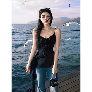 廢土風不規(guī)則荷葉邊做舊磨破吊帶背心女夏設計感拼接獨特別致上衣