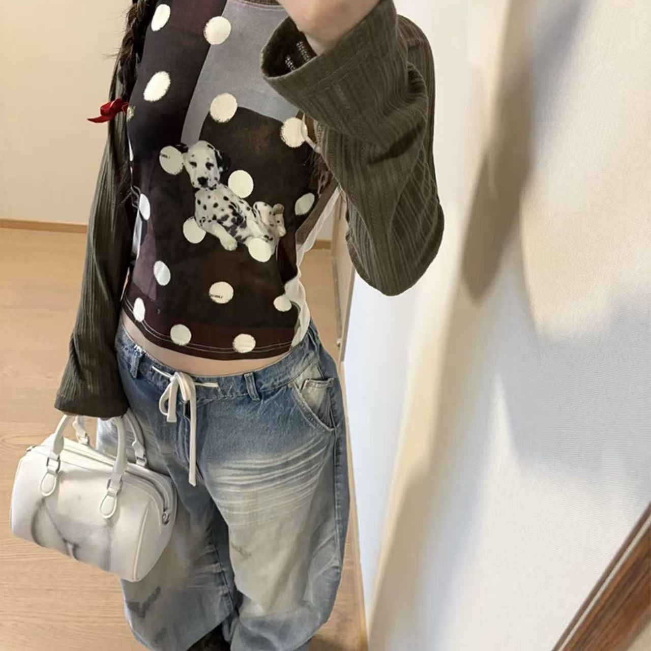 美式斑点狗印花插肩长袖t恤女秋