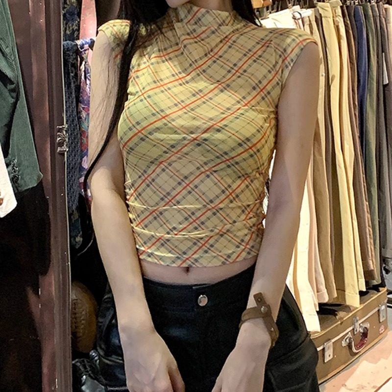 微透格子半高领短袖T恤女夏季美式辣妹露脐短款内搭性感网纱上衣