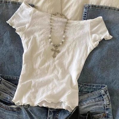 一字肩白色短袖T恤女2025夏季