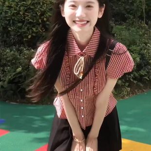 新款 女2025夏季 学院风减龄绝美掐腰上衣潮 衬衫 甜妹polo领格子短袖