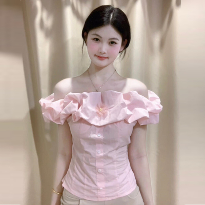 法式甜美风一字肩短袖衬衫女夏季