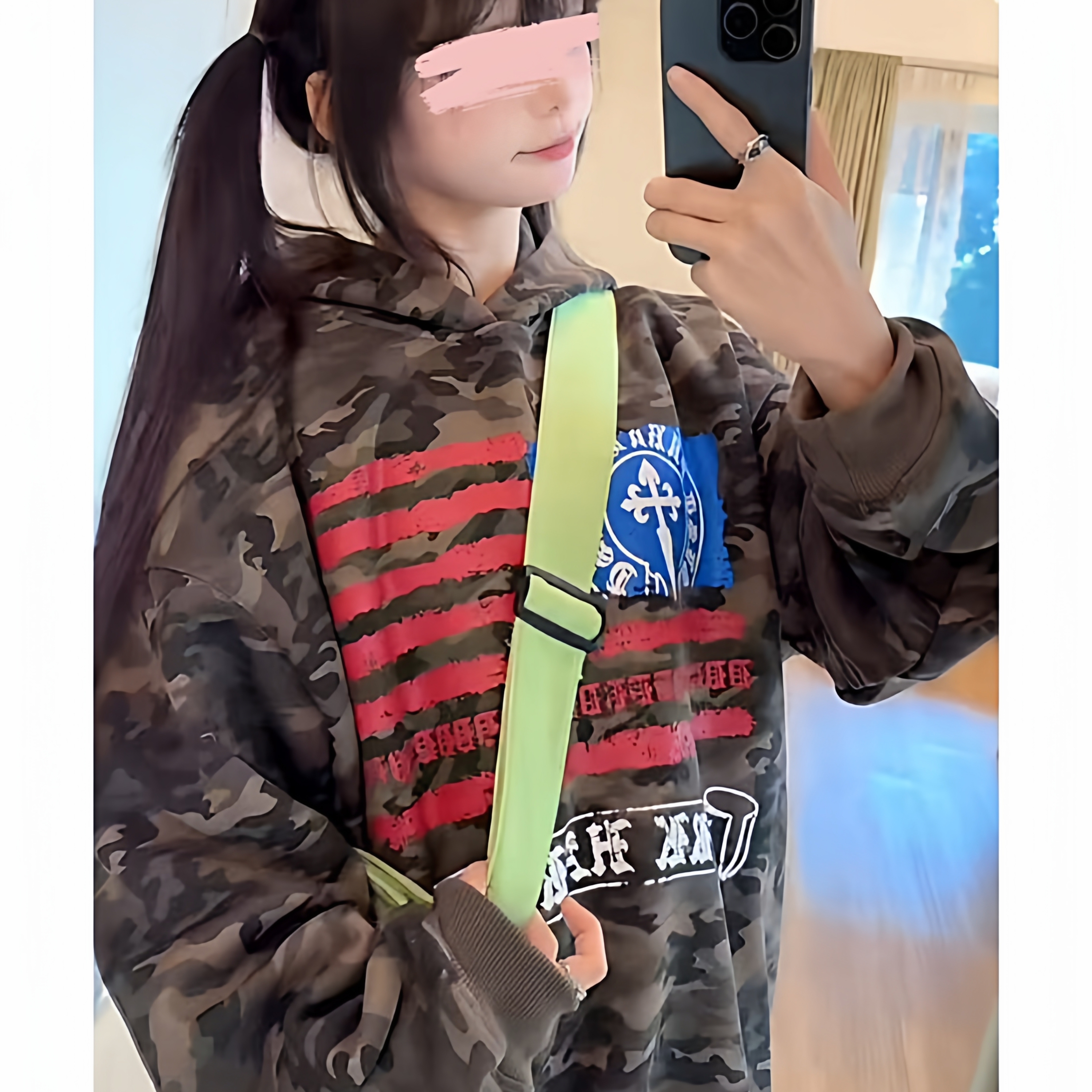 美式梵文旗帜印花连帽卫衣帽衫