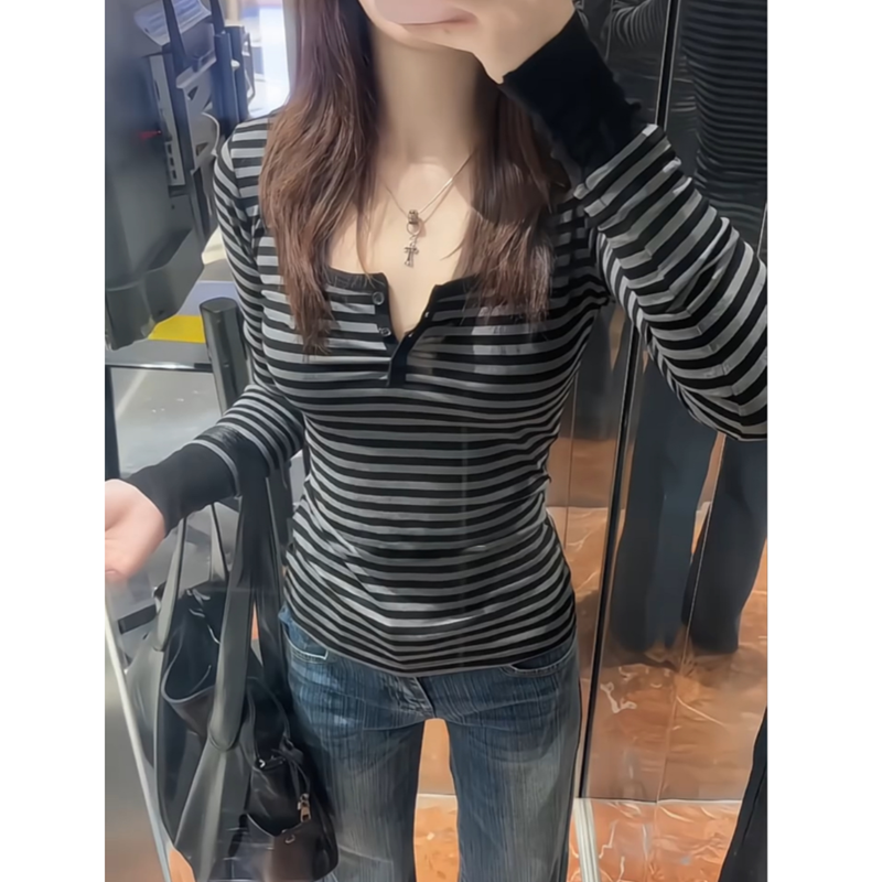 美式U型领口黑灰色条纹长袖t恤女