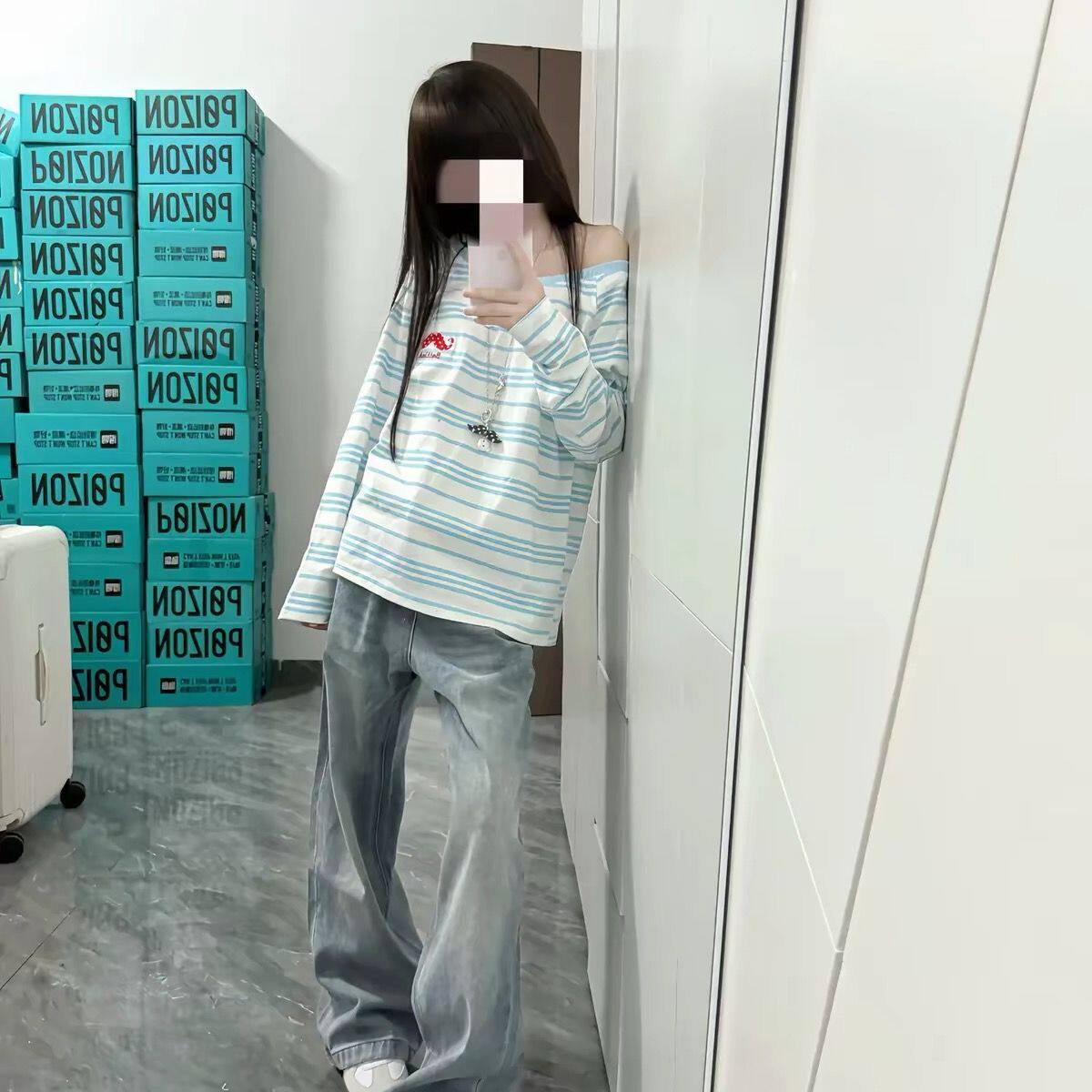 美式复古撞色条纹小胡子刺绣长袖t恤女休闲秋季宽松百搭斜肩上衣