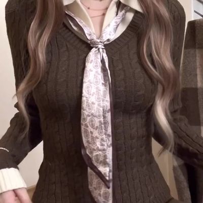 美式polo领假两件长袖针织衫女