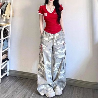 美式甜辣妹红色V领短袖T恤女