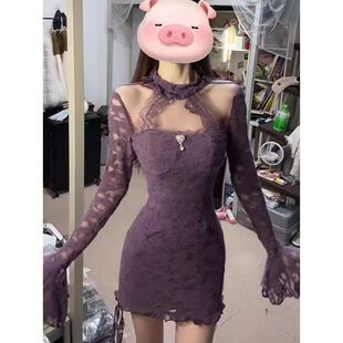 紫色辣妹收腰显瘦连衣裙短裙 蕾丝拼接气质秋季 性感纯欲风修身 新款