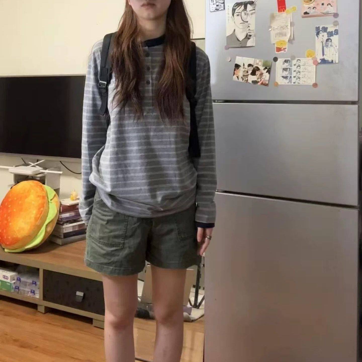 超好看灰色亨利领条纹长袖T恤女秋季新款复古宽松慵懒风显瘦上衣,女装/女士精品,T恤,淘宝优惠券,粉丝福利购,淘宝优惠卷