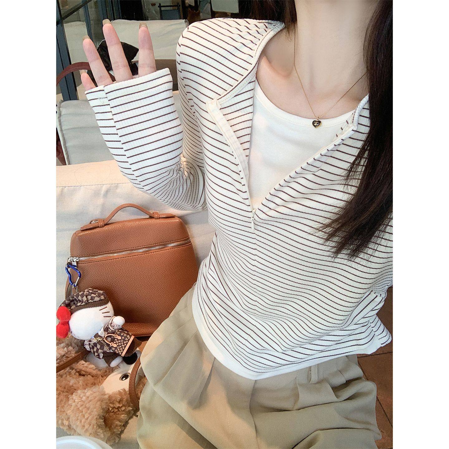 韩系假两件条纹长袖t恤女2025秋冬季小个子修身内搭短款单穿上衣,女装/女士精品,T恤,淘宝优惠券,粉丝福利购,淘宝优惠卷