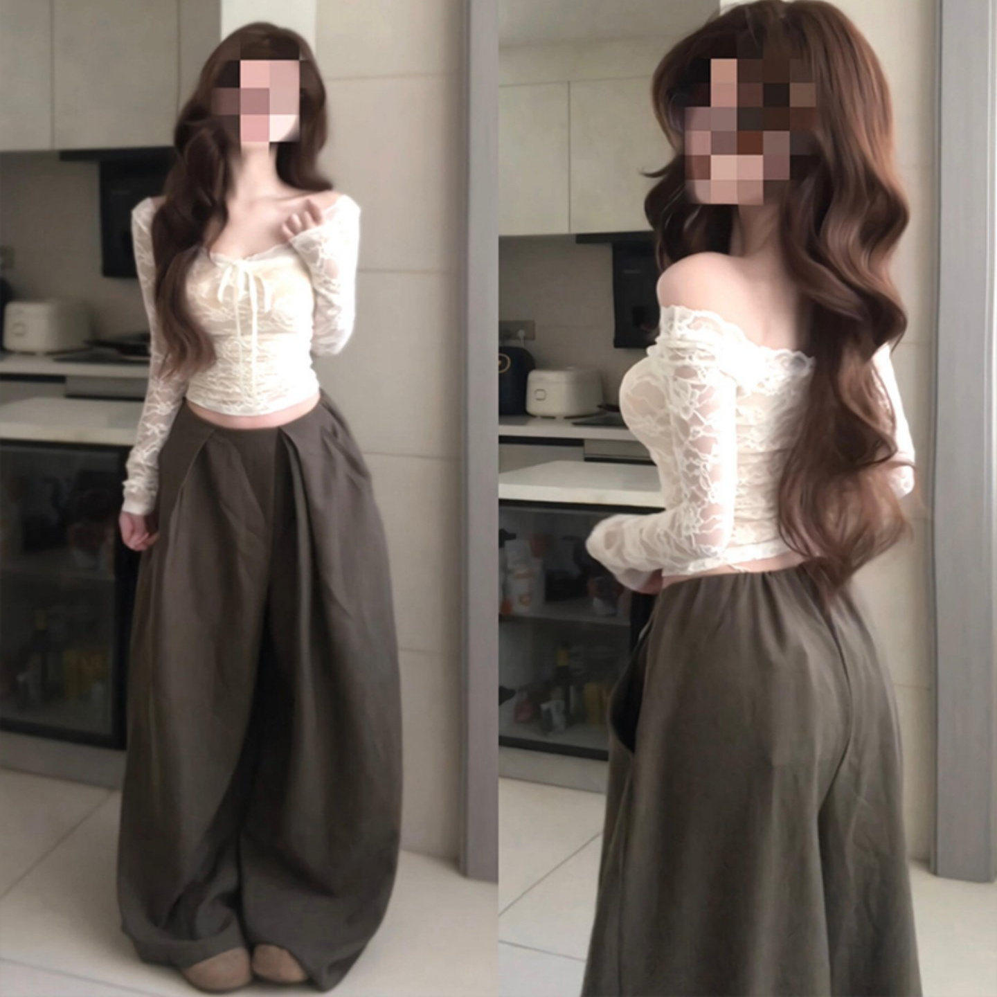 超好看的V领喇叭袖蕾丝打底衫女秋冬季新款超火叠穿内搭高端上衣