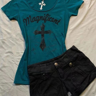 韩版古着深蓝色十字架T恤女2025夏季新款美式印花收腰短袖上衣潮