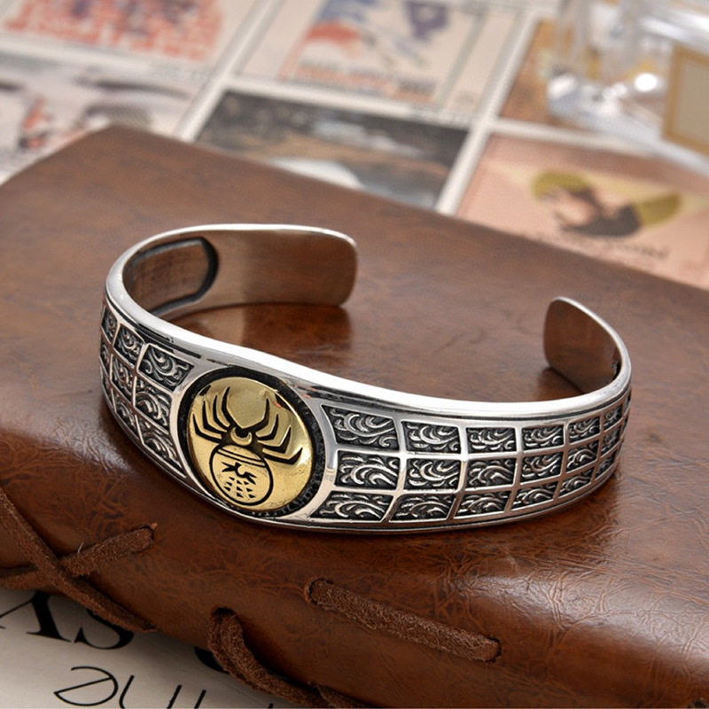 镀925银复古撞色蜘蛛手镯个性宽镯朋克嘻哈暗黑潮流开口手环