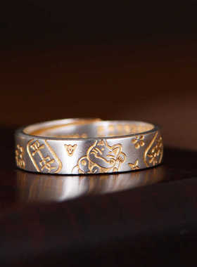 925银描金招财猫心经开口戒