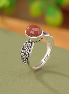 新品南红玛瑙复古做旧麦穗蛋面戒