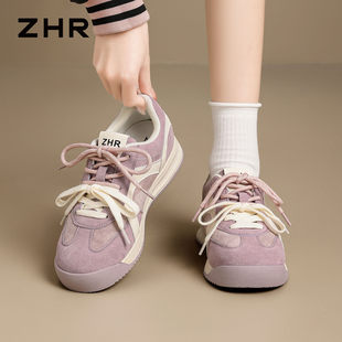ZHR则则德训鞋女2026春季新款真皮紫色双鞋带运动鞋厚底休闲板鞋