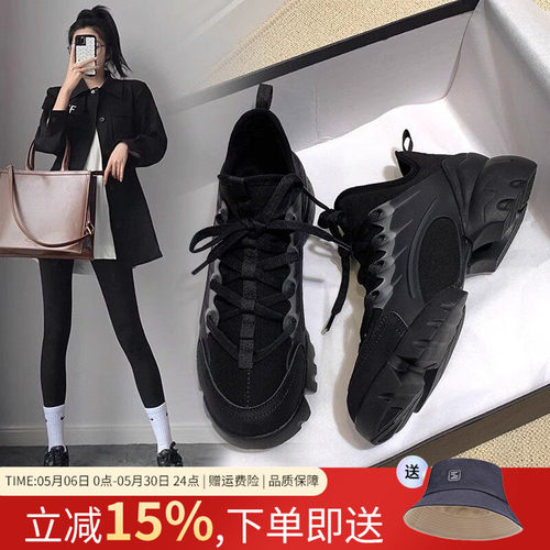 zhr老爹鞋女款秋冬2026新款女鞋轻便运动鞋子加绒黑色厚底显脚小