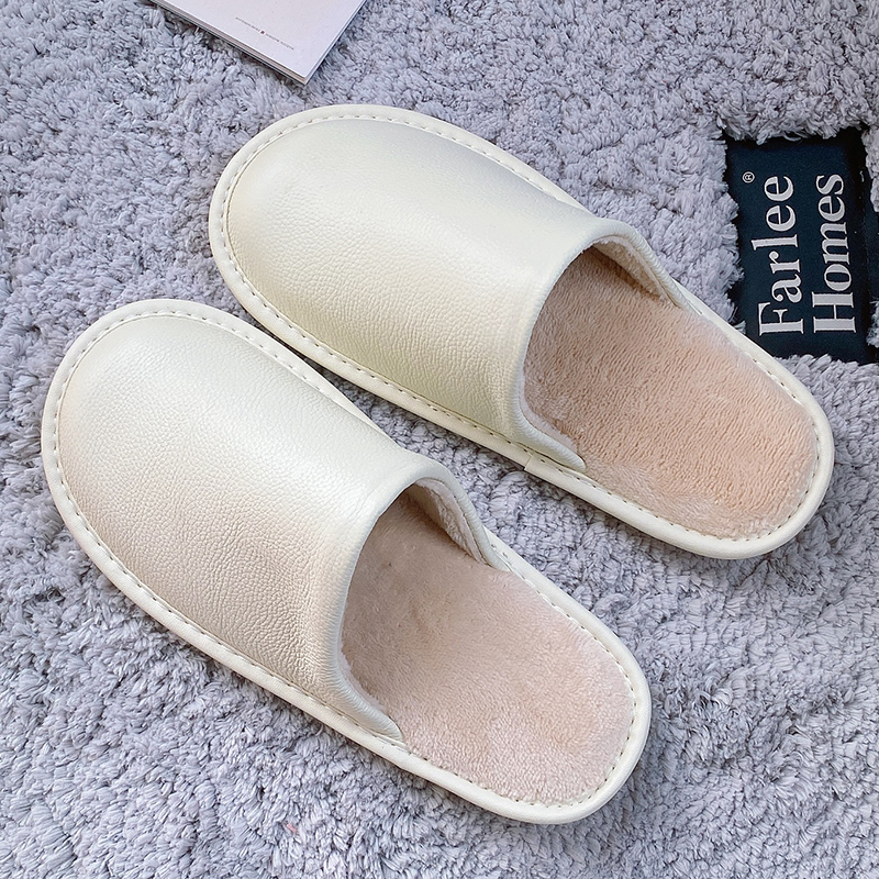 高档包头牛皮毛绒棉拖鞋女冬季办公室居家情侣加绒皮拖鞋外穿