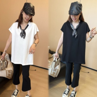 韩版 新款 潮流V领丝巾中长款 短袖 25225 二姐 气质宽松T恤 宝藏夏季