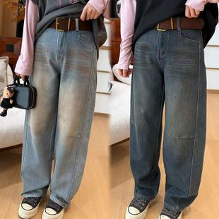二姐的宝藏冬季复古做旧加绒高腰细闪亮片阔腿牛仔裤#25532