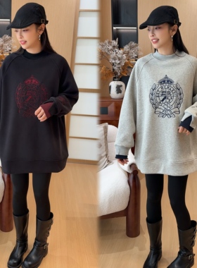 二姐的宝藏冬季刺绣【皇冠】假两件慵懒风中长款圆领卫衣 #25495