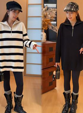 二姐的宝藏秋冬韩系慵懒风半拉链翻领针织条纹长袖毛衣#25407