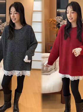 二姐的宝藏冬季韩系套头蕾丝拼接慵懒风毛衣#25506