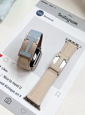 AWin|柔软荔枝纹H磁吸扣真皮iwatch表带适合苹果手表7/8/9/10通用