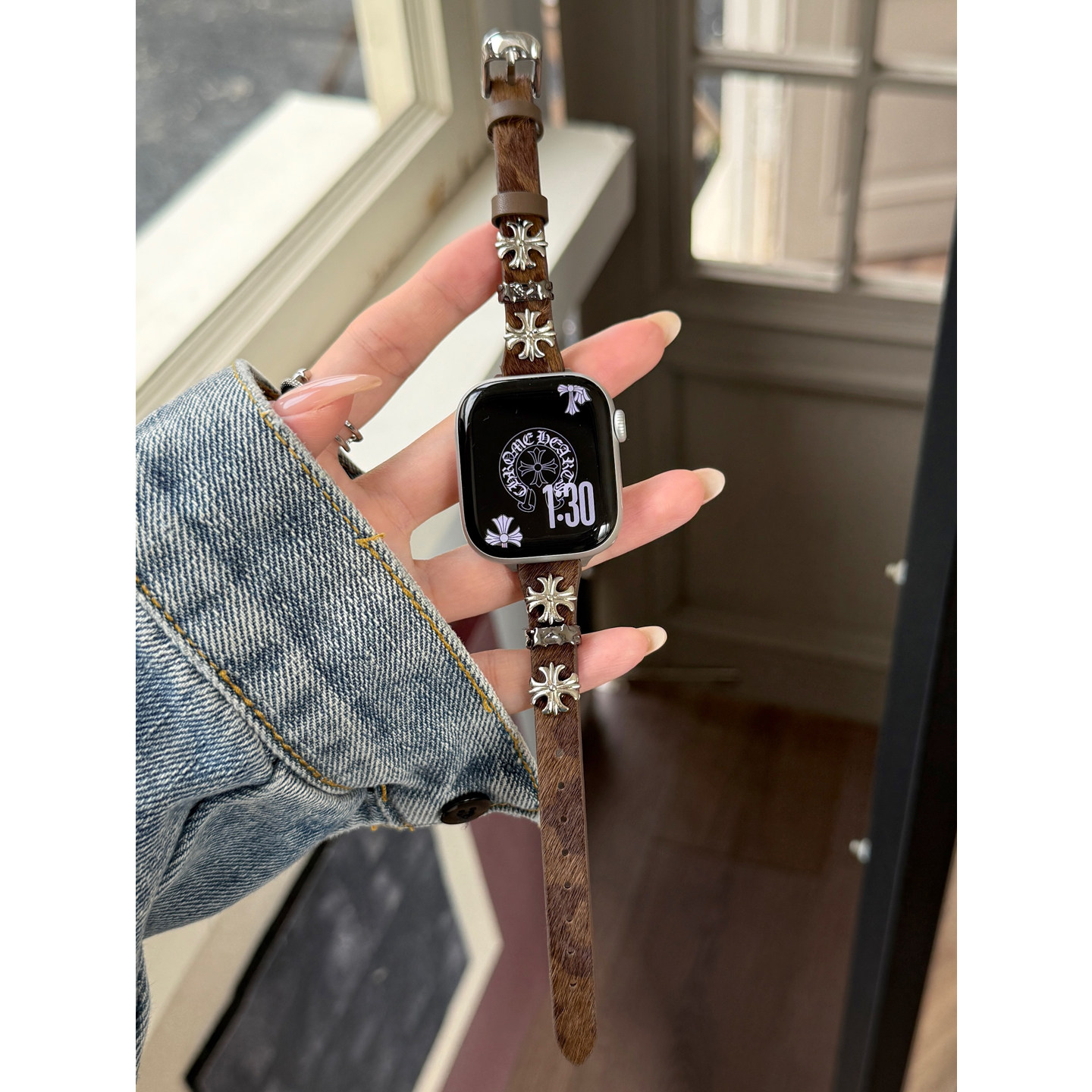细款十字铆钉豹纹皮iwatch表带