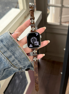 细款十字铆钉毛绒美式豹纹皮iwatch表带适用苹果apple11代10789SE