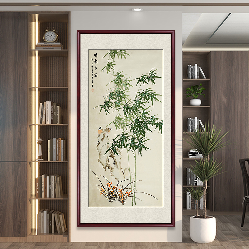 竹报平安竹子水墨画入户玄关装饰画客厅挂画花鸟国画中式竖版壁画图片