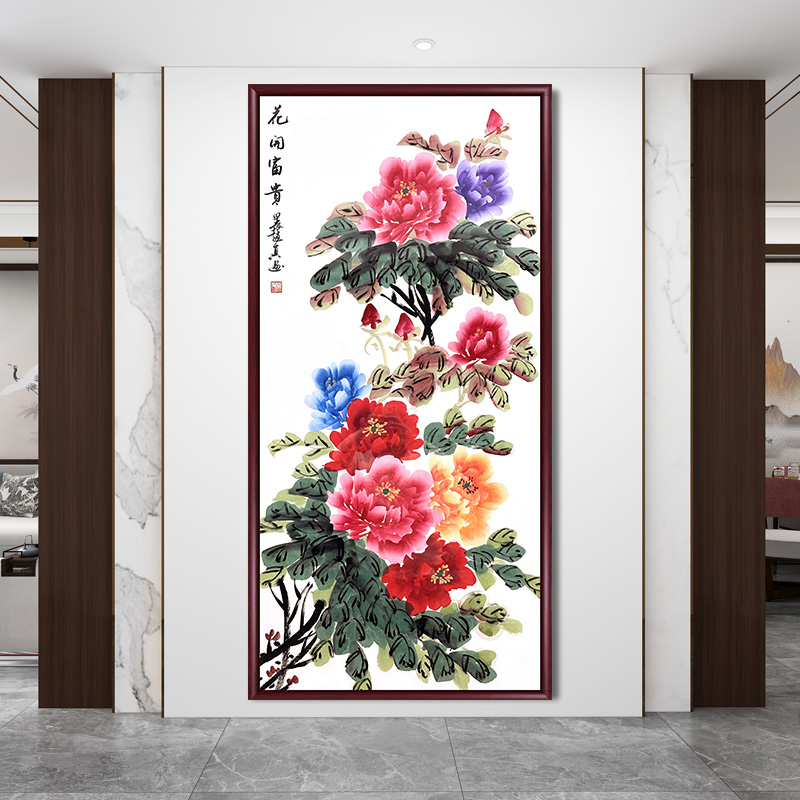国画手绘牡丹花玄关挂画花开富贵中式客厅卧室装饰画餐厅竖款壁画图片