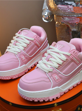 欧美站轻奢粉色厚底面包鞋女胖丁休闲板鞋内增高情侣鞋百搭运动鞋