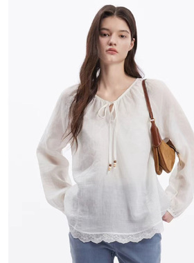 巧珀思｜超细苎麻法式镂空针织干爽舒适百搭泡泡袖罩衫18547