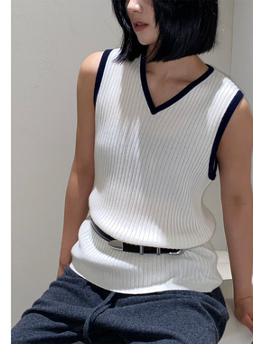 巧珀思｜ 22780软糯纯羊绒撞色黑边V领弹力竖坑条罗纹针织背心