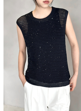 巧珀思｜小珠片亚麻粗针立体镂空针织衫遮副乳宽肩背心马甲16198