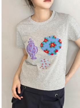 巧珀思｜趣味毛巾绣春夏休闲T恤时尚舒适百搭短袖圆领14182