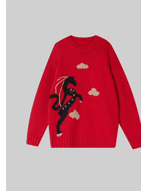 巧珀思｜23815粗针羊毛混纺浮雕感提花刺绣小黑马宽松套头毛衣