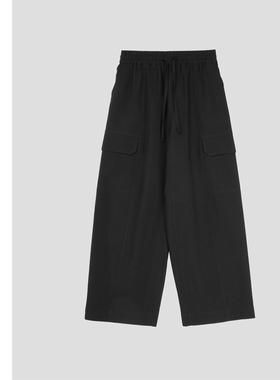 巧珀思｜20585精纺羊毛工装风翻盖口袋阔腿抽绳松紧高腰休闲长裤