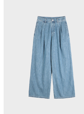 巧珀思｜轻薄土耳其纯棉宽松褶裥立裁水洗高腰直筒牛仔裤20587