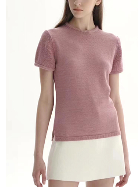 巧珀思｜柔雾粉花苞袖上衣锦纶长绒棉针织衫修身圆领短袖T恤16217