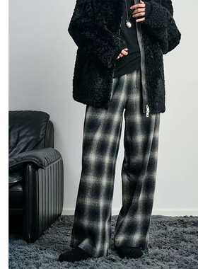 巧珀思｜21051双股磨毛纯棉提花格纹抽绳松紧腰直筒阔腿休闲裤