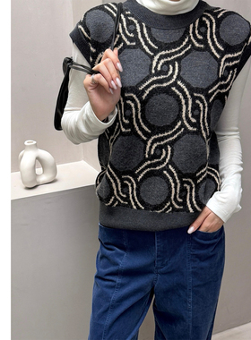 巧珀思｜20933双面提花羊驼毛羊毛交织罗纹边宽肩圆领背心马甲