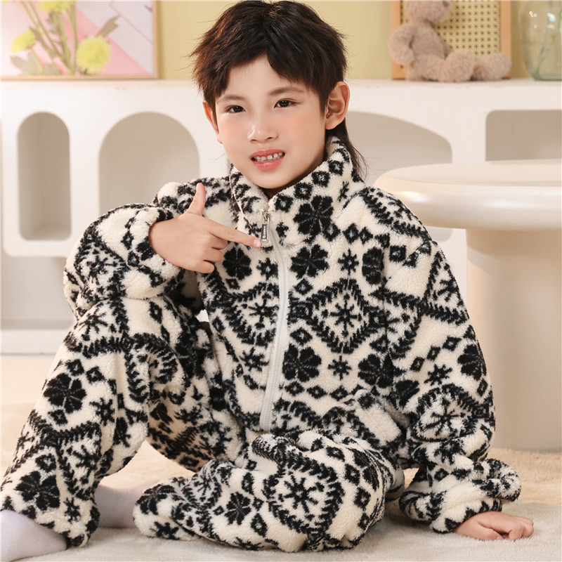儿童秋冬季套装新款拉链外套睡衣保暖男女童加绒加厚家居服两件套